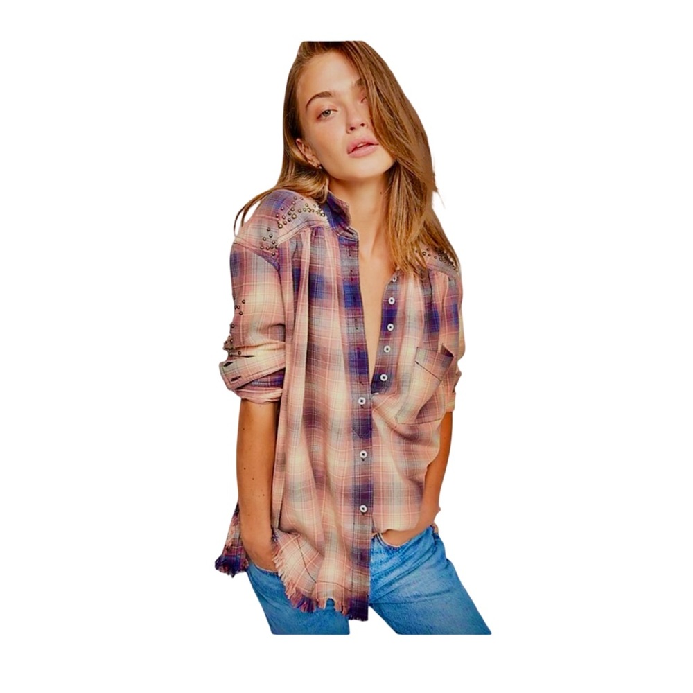 Free People Take on me Peach and Purple Plaid Button-Down Shirt NWOT XS